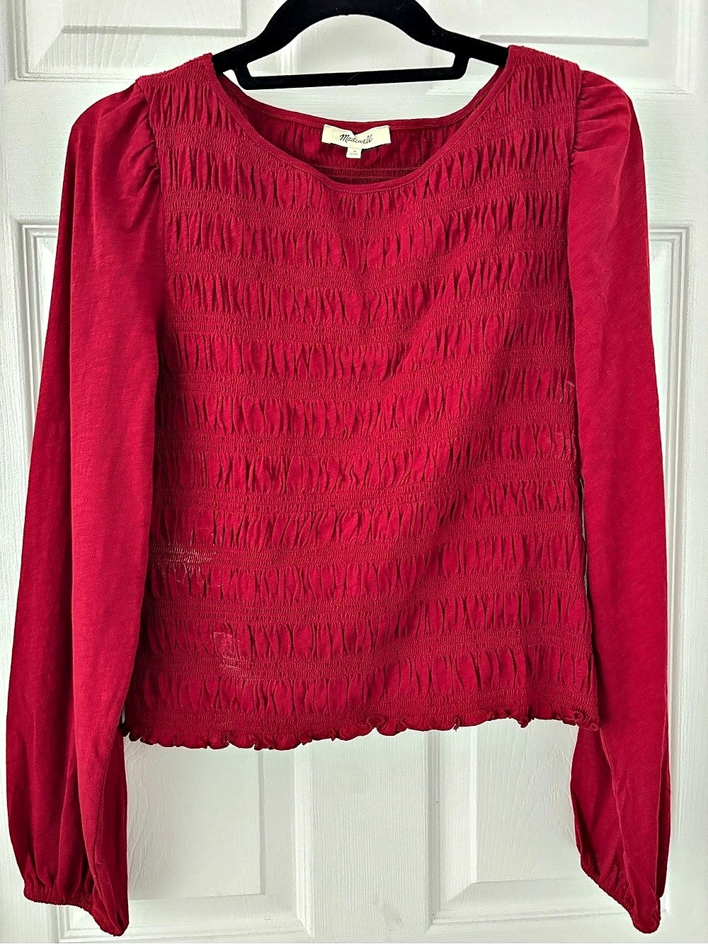 Madewell Smocked Boatneck Top Long Sleeve Red Medium
